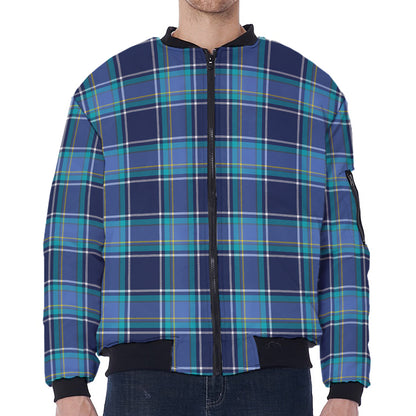 Blue And Teal Tartan Pattern Print Zip Sleeve Bomber Jacket