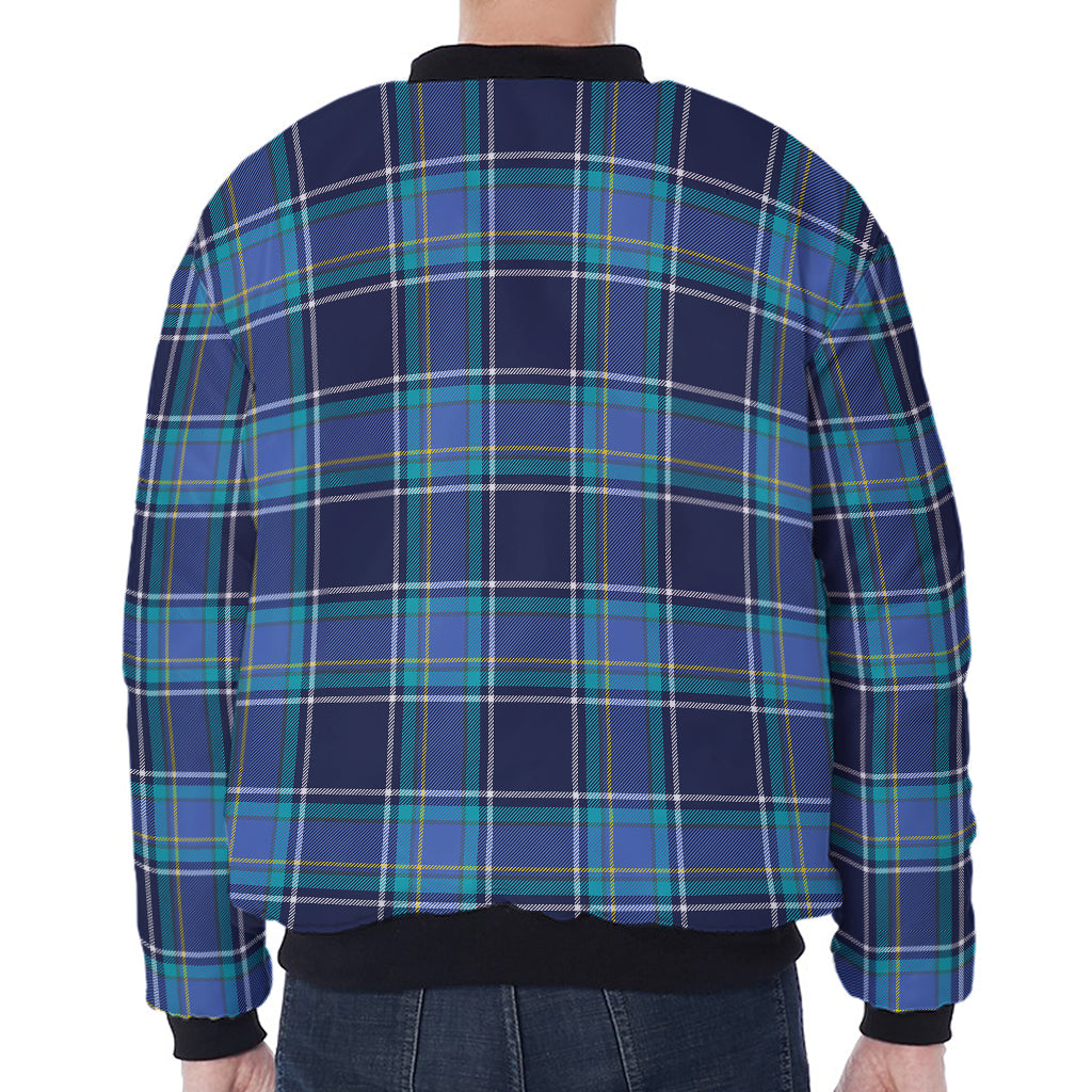 Blue And Teal Tartan Pattern Print Zip Sleeve Bomber Jacket