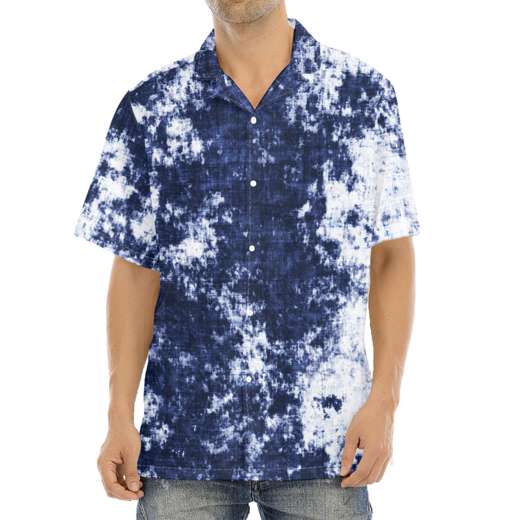 Blue And White Acid Wash Tie Dye Print Aloha Shirt