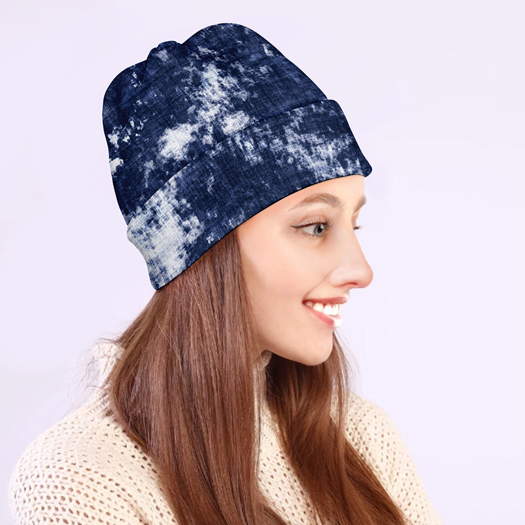 Blue And White Acid Wash Tie Dye Print Beanie