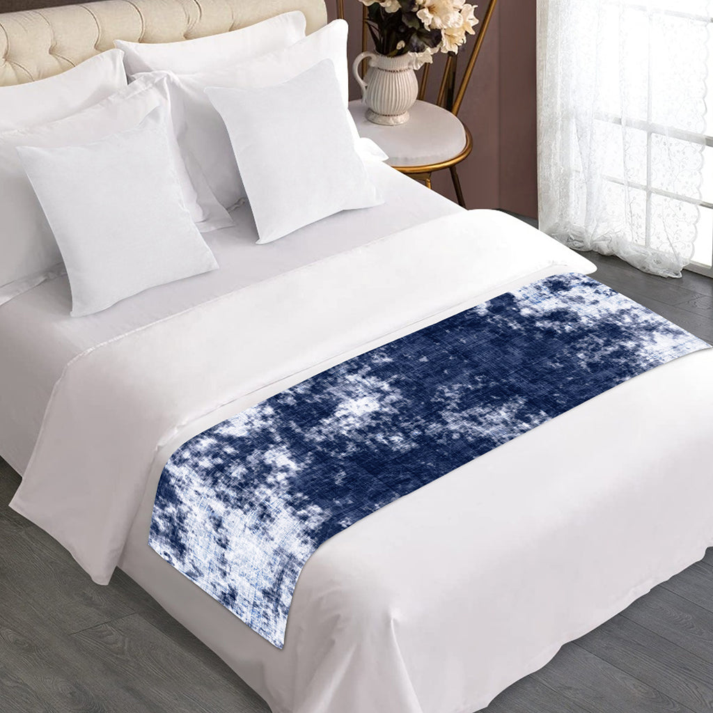 Blue And White Acid Wash Tie Dye Print Bed Runner