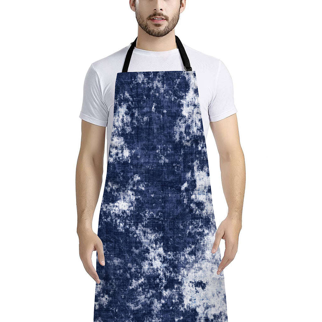 Blue And White Acid Wash Tie Dye Print Bib Apron With Pocket