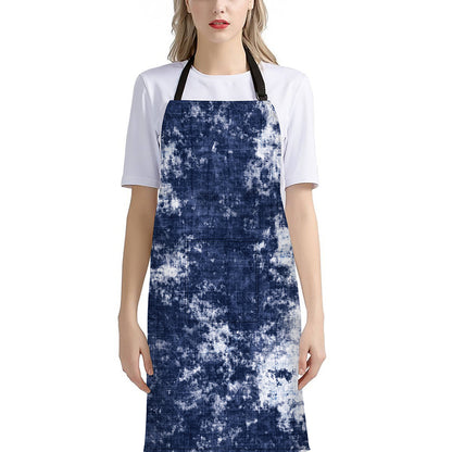 Blue And White Acid Wash Tie Dye Print Bib Apron With Pocket