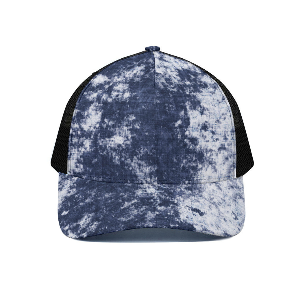 Blue And White Acid Wash Tie Dye Print Black Mesh Trucker Cap