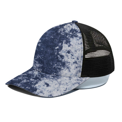 Blue And White Acid Wash Tie Dye Print Black Mesh Trucker Cap