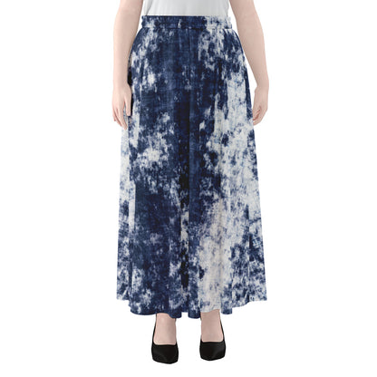 Blue And White Acid Wash Tie Dye Print Chiffon Maxi Skirt