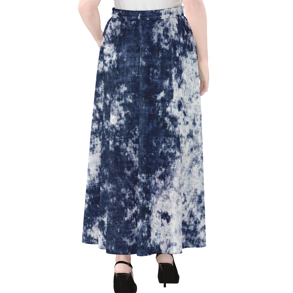 Blue And White Acid Wash Tie Dye Print Chiffon Maxi Skirt