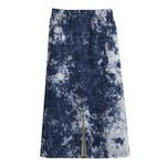 Blue And White Acid Wash Tie Dye Print Cotton Front Slit Maxi Skirt