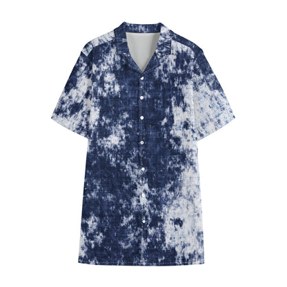 Blue And White Acid Wash Tie Dye Print Cotton Hawaiian Shirt