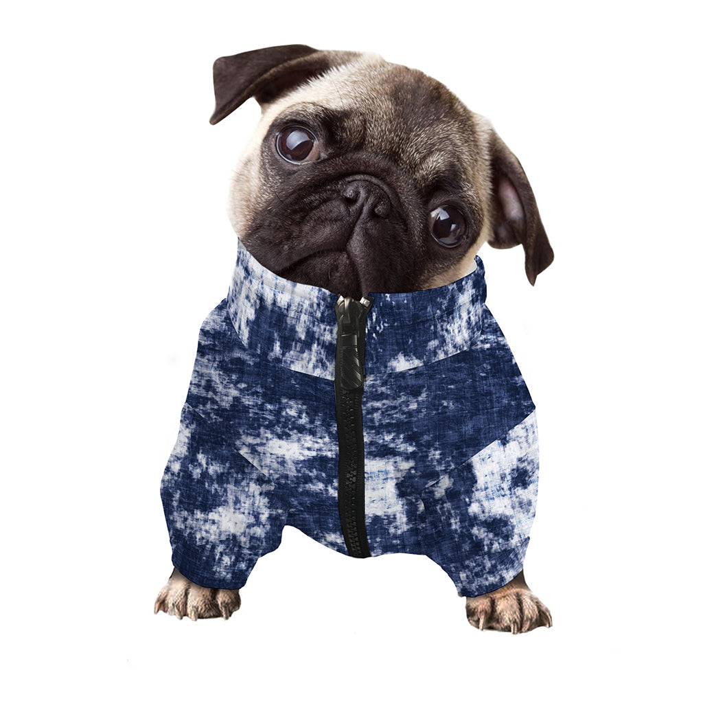 Blue And White Acid Wash Tie Dye Print Dog Zip Up Jacket