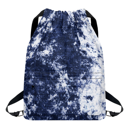 Blue And White Acid Wash Tie Dye Print Drawstring Backpack