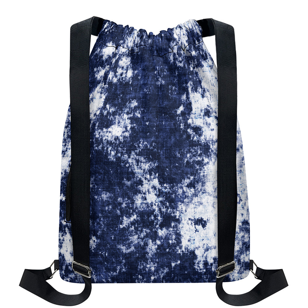 Blue And White Acid Wash Tie Dye Print Drawstring Backpack