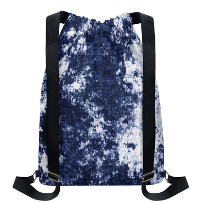Blue And White Acid Wash Tie Dye Print Drawstring Backpack