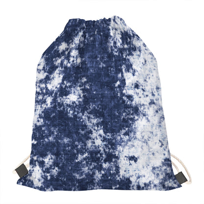 Blue And White Acid Wash Tie Dye Print Drawstring Bag
