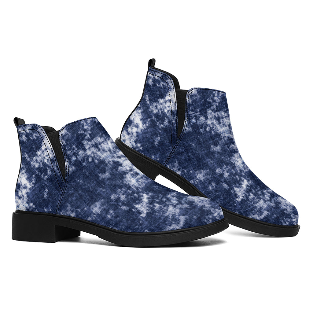 Blue And White Acid Wash Tie Dye Print Flat Ankle Boots