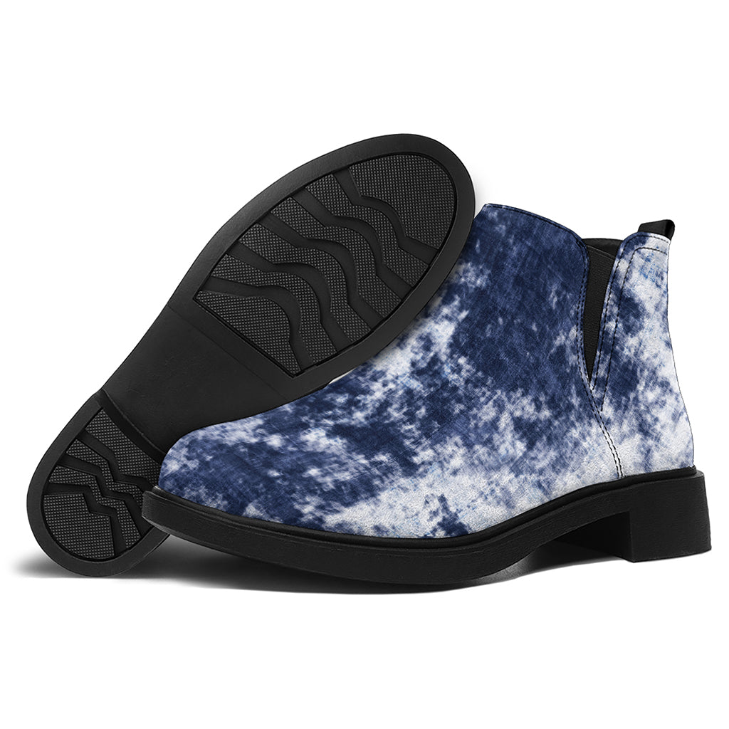 Blue And White Acid Wash Tie Dye Print Flat Ankle Boots