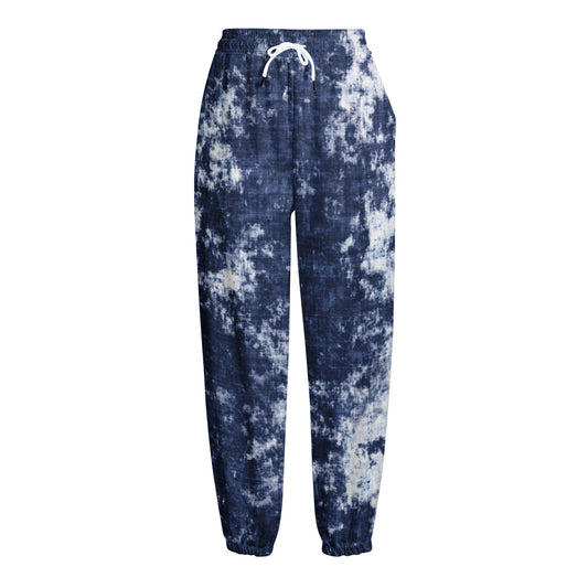 Blue And White Acid Wash Tie Dye Print Fleece Lined Knit Pants