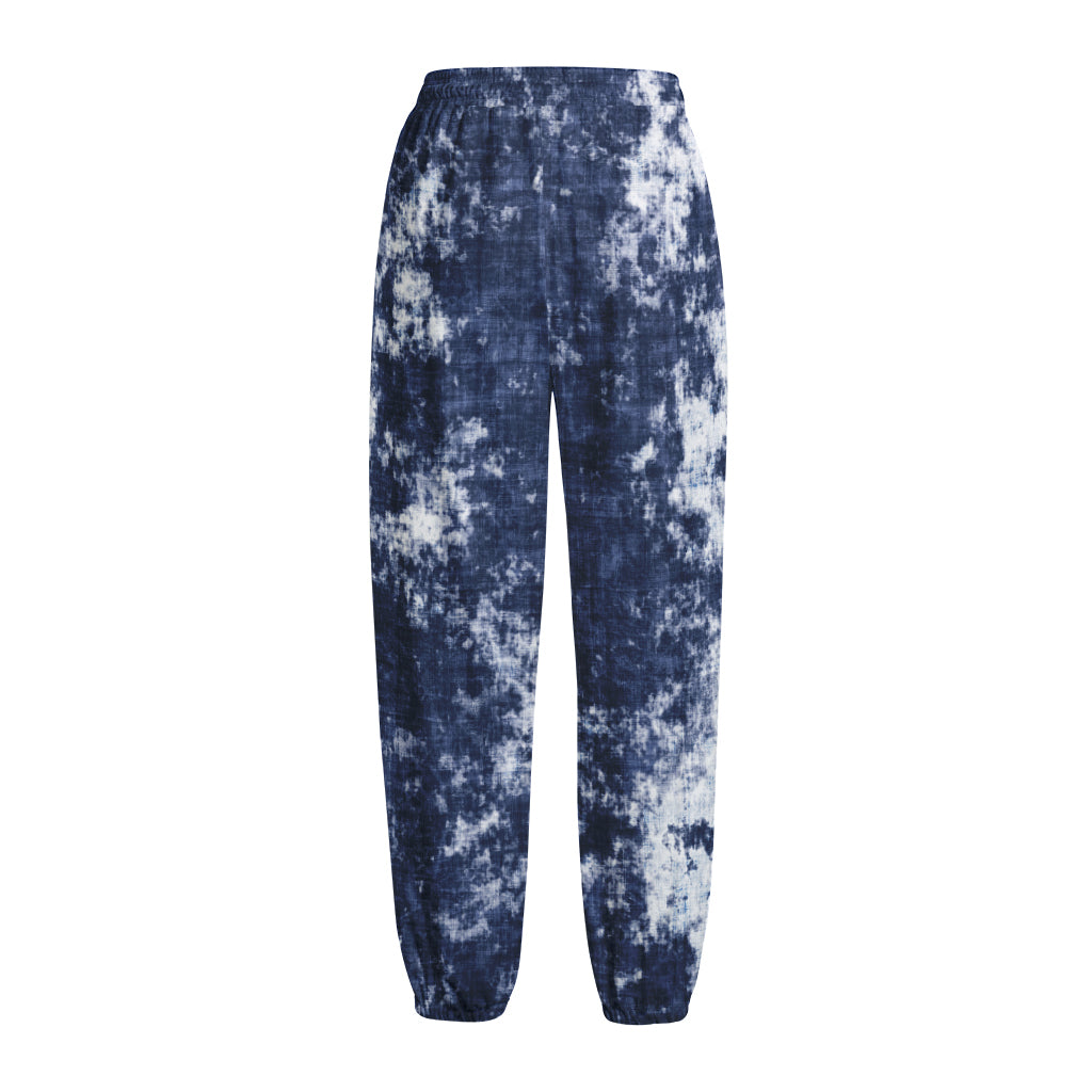Blue And White Acid Wash Tie Dye Print Fleece Lined Knit Pants