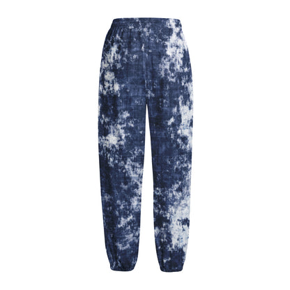 Blue And White Acid Wash Tie Dye Print Fleece Lined Knit Pants