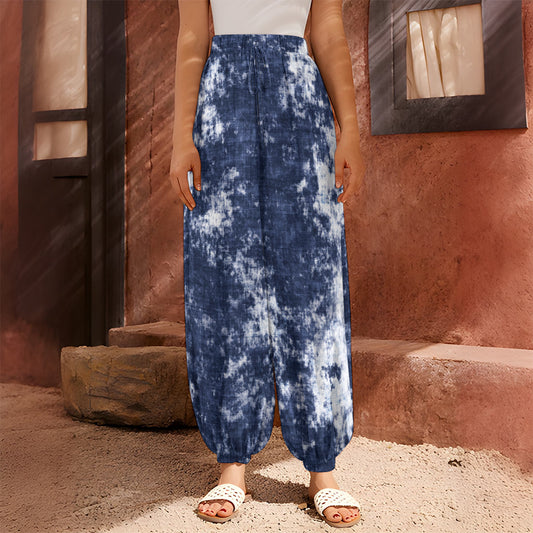 Blue And White Acid Wash Tie Dye Print Harem Pants