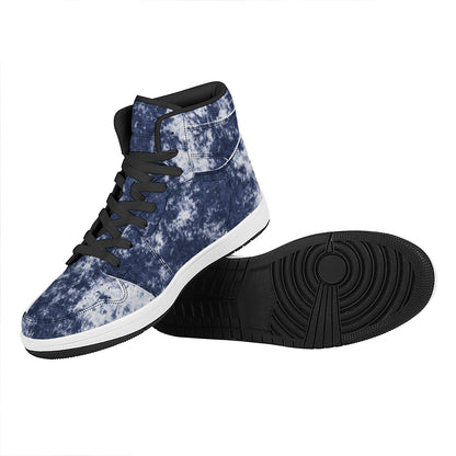 Blue And White Acid Wash Tie Dye Print High Top Leather Sneakers