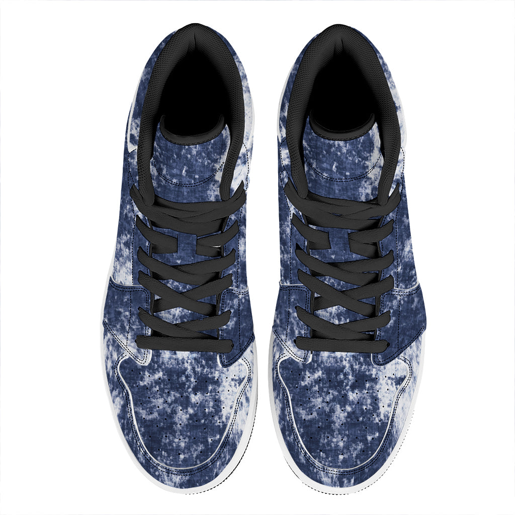 Blue And White Acid Wash Tie Dye Print High Top Leather Sneakers