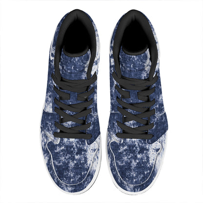 Blue And White Acid Wash Tie Dye Print High Top Leather Sneakers