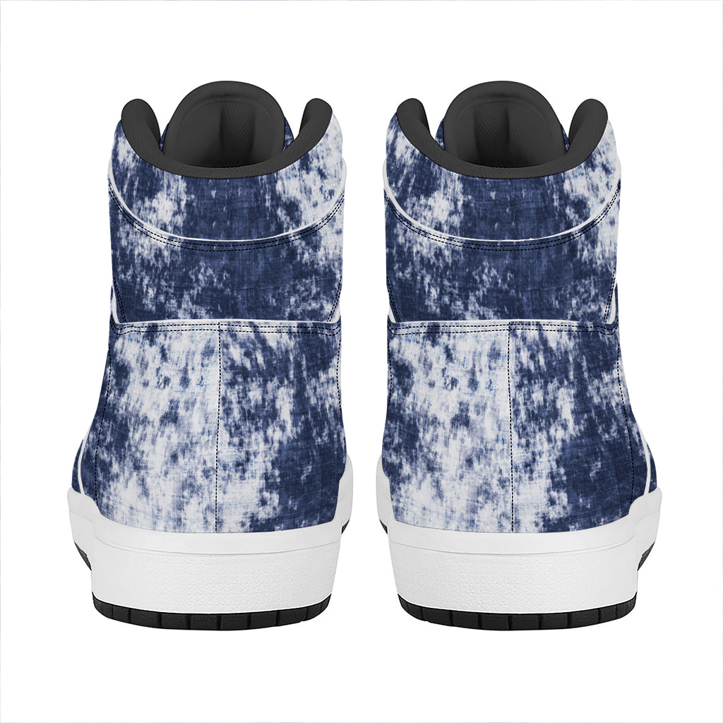 Blue And White Acid Wash Tie Dye Print High Top Leather Sneakers