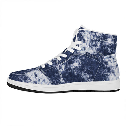 Blue And White Acid Wash Tie Dye Print High Top Leather Sneakers