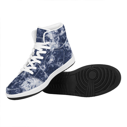 Blue And White Acid Wash Tie Dye Print High Top Leather Sneakers