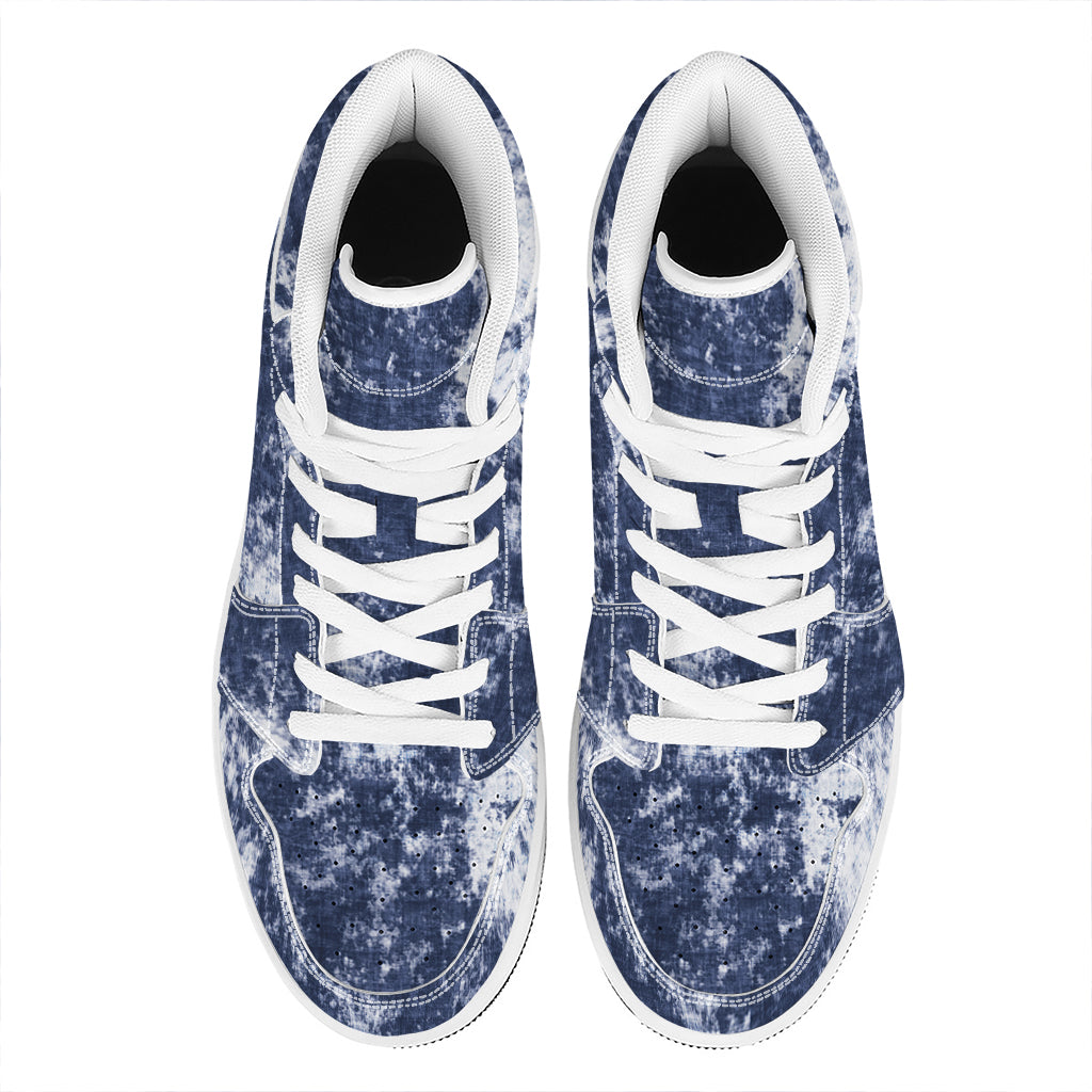 Blue And White Acid Wash Tie Dye Print High Top Leather Sneakers