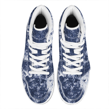 Blue And White Acid Wash Tie Dye Print High Top Leather Sneakers