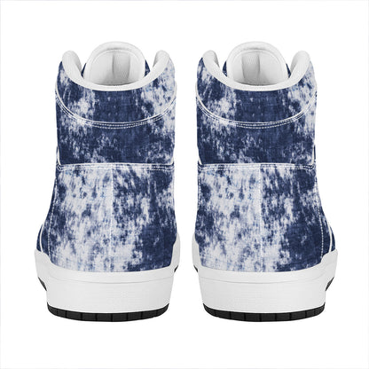 Blue And White Acid Wash Tie Dye Print High Top Leather Sneakers