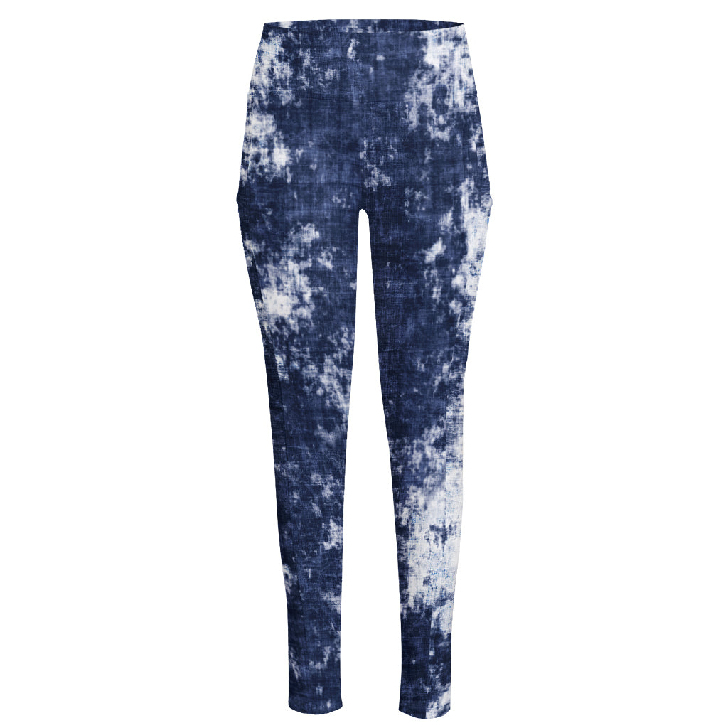 Blue And White Acid Wash Tie Dye Print High-Waisted Pocket Leggings