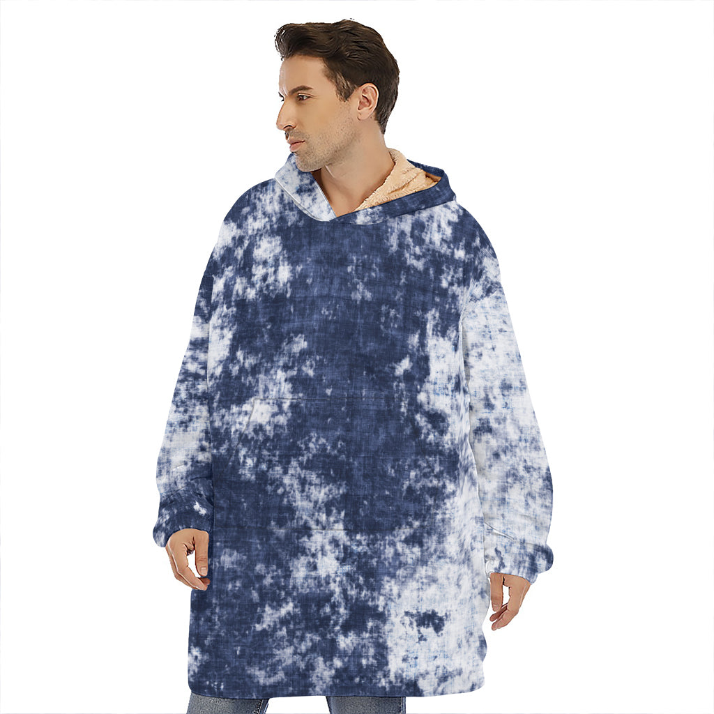 Blue And White Acid Wash Tie Dye Print Hoodie Blanket