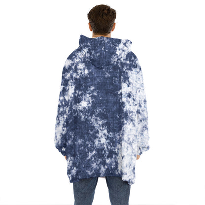 Blue And White Acid Wash Tie Dye Print Hoodie Blanket
