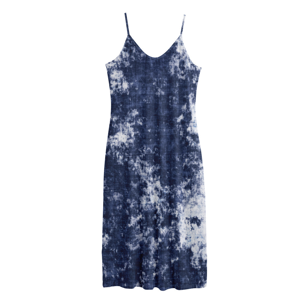 Blue And White Acid Wash Tie Dye Print Jersey Midi Cami Dress