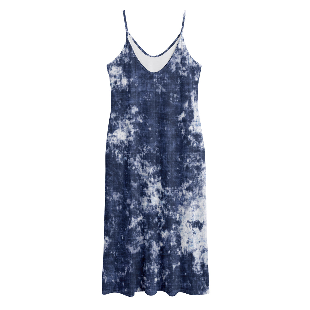 Blue And White Acid Wash Tie Dye Print Jersey Midi Cami Dress