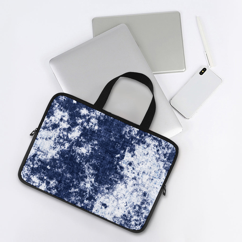 Blue And White Acid Wash Tie Dye Print Laptop Sleeve With Handle