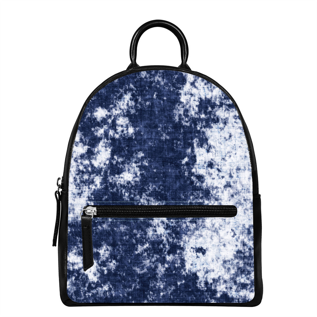 Blue And White Acid Wash Tie Dye Print Leather Backpack