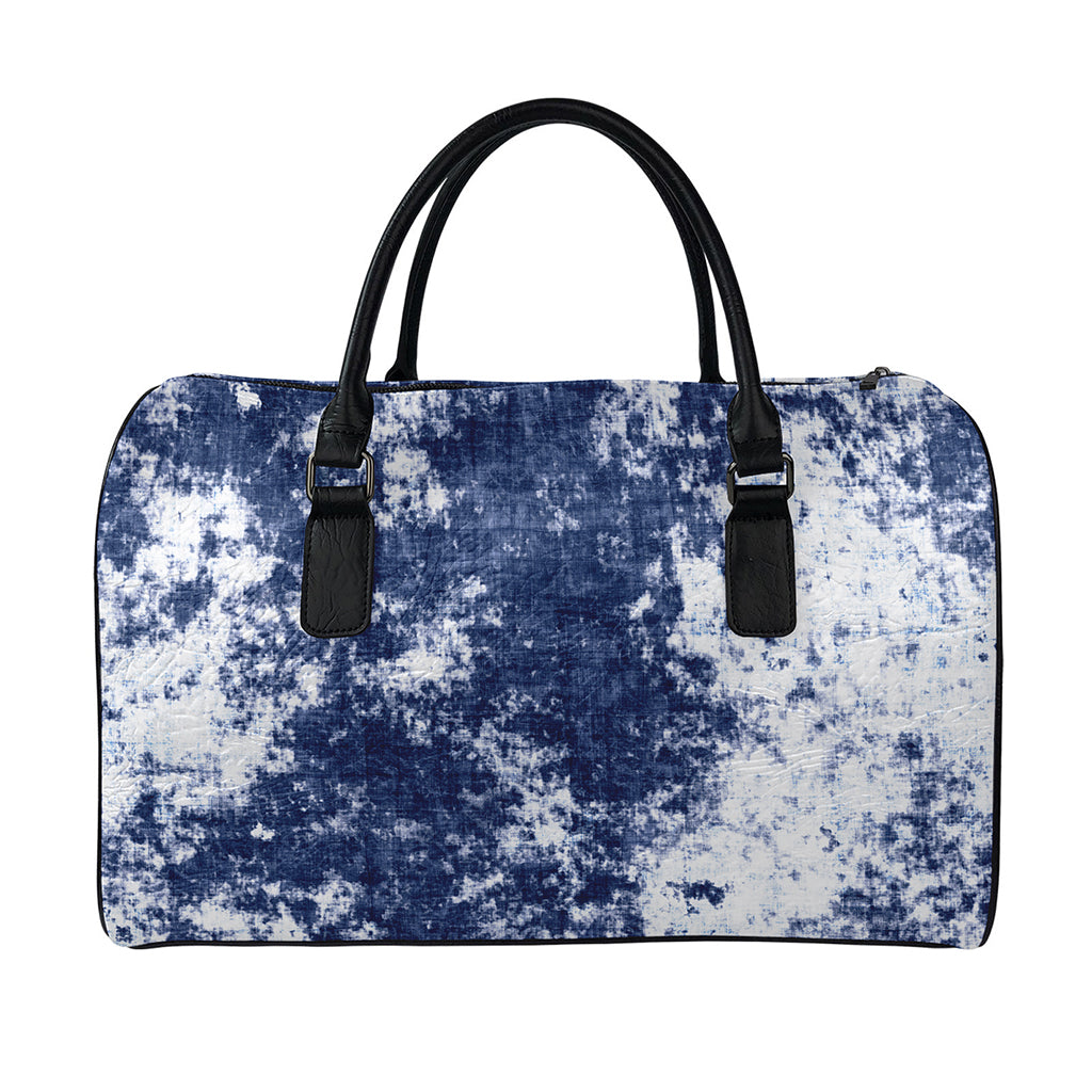 Blue And White Acid Wash Tie Dye Print Leather Duffle Bag