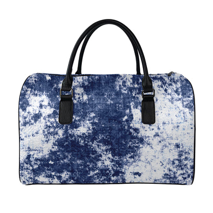 Blue And White Acid Wash Tie Dye Print Leather Duffle Bag