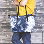 Blue And White Acid Wash Tie Dye Print Leather Tote Bag