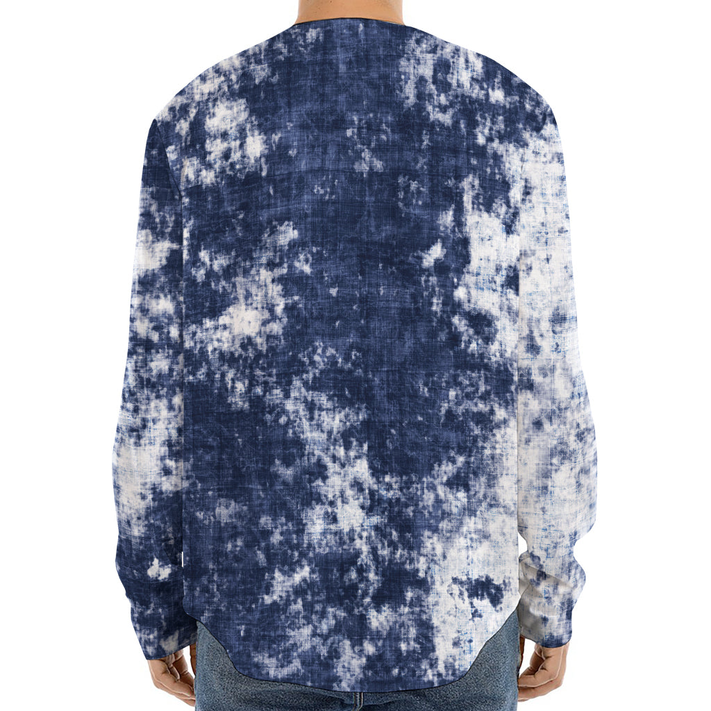 Blue And White Acid Wash Tie Dye Print Long Sleeve Baseball Jersey