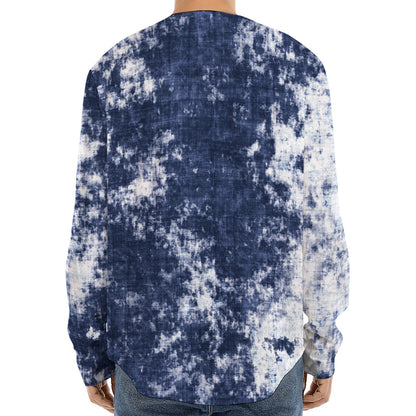 Blue And White Acid Wash Tie Dye Print Long Sleeve Baseball Jersey