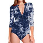 Blue And White Acid Wash Tie Dye Print Long Sleeve Swimsuit