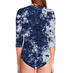 Blue And White Acid Wash Tie Dye Print Long Sleeve Swimsuit
