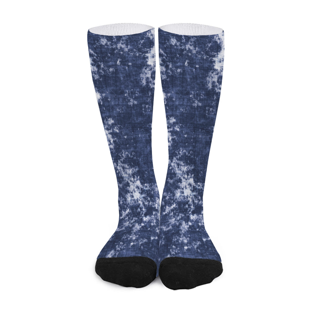 Blue And White Acid Wash Tie Dye Print Long Socks