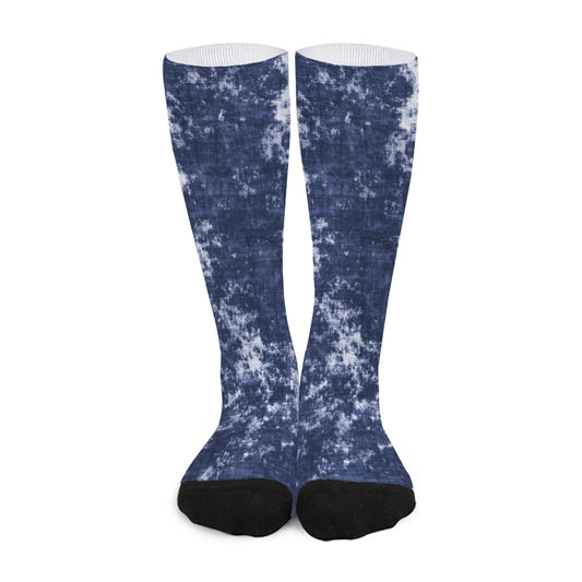 Blue And White Acid Wash Tie Dye Print Long Socks