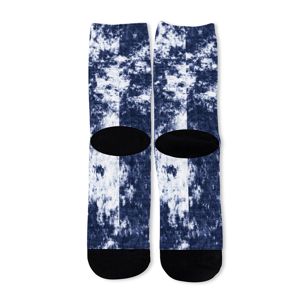 Blue And White Acid Wash Tie Dye Print Long Socks